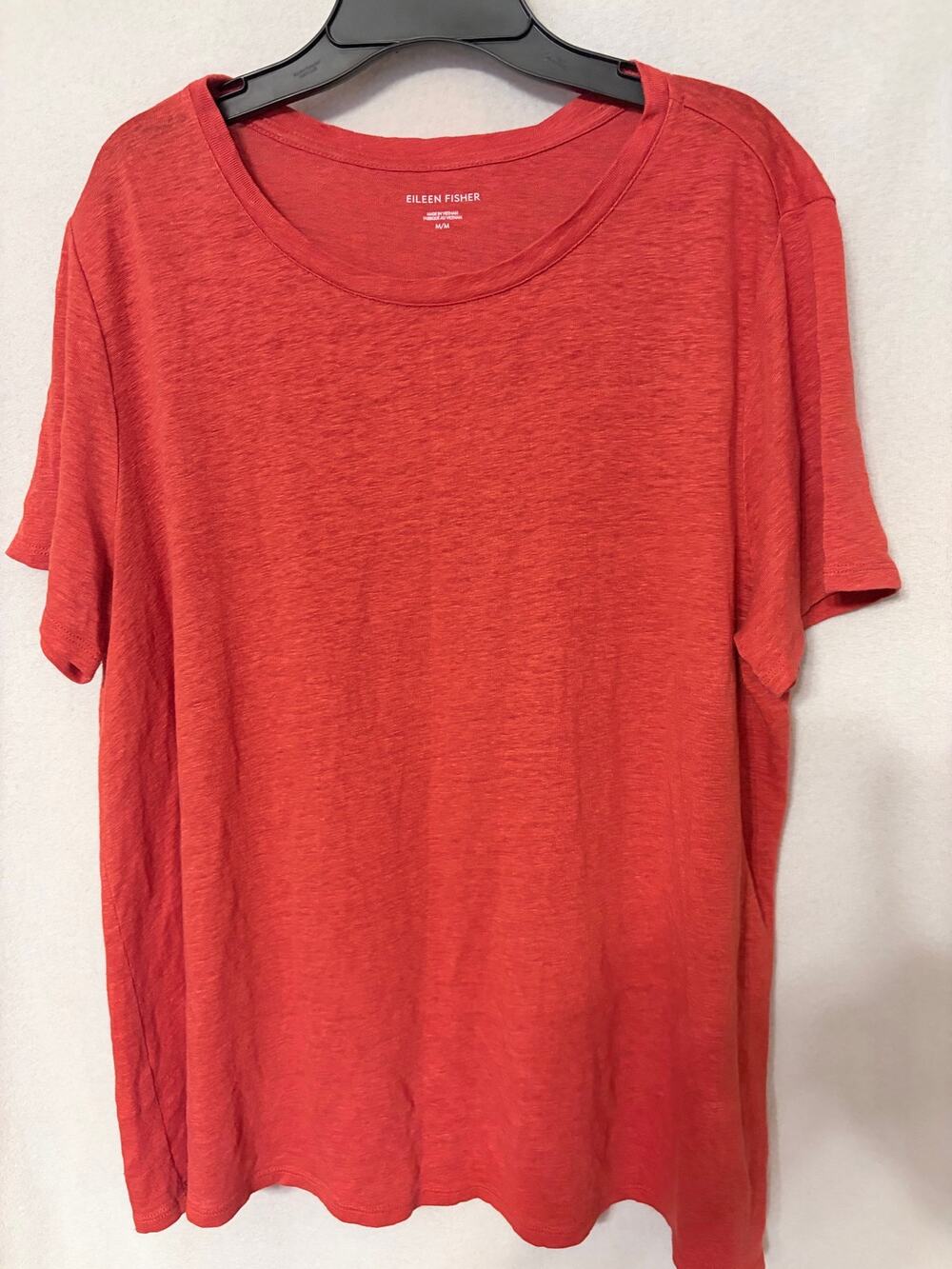Eileen Fisher Coral Red Organic Linen Slub Crew Neck Short Sleeve Tee